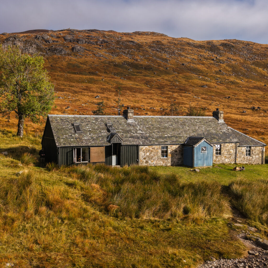 McCook's Bothy on an autumn evening on Ben Alder Estate.