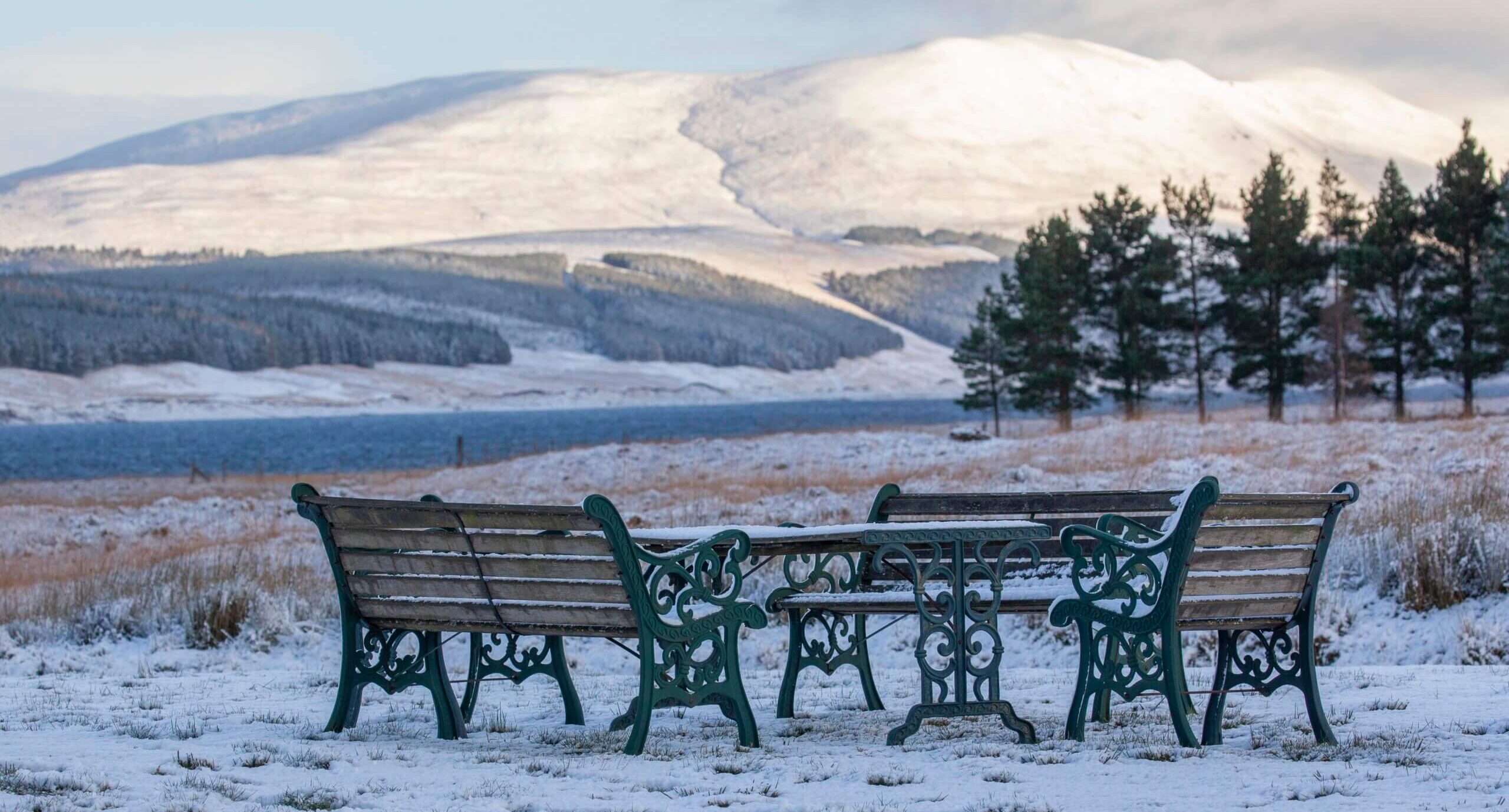 Frosty garden furniture outside Corrievarkie Lodge in Winter (Ben Alder Estate).