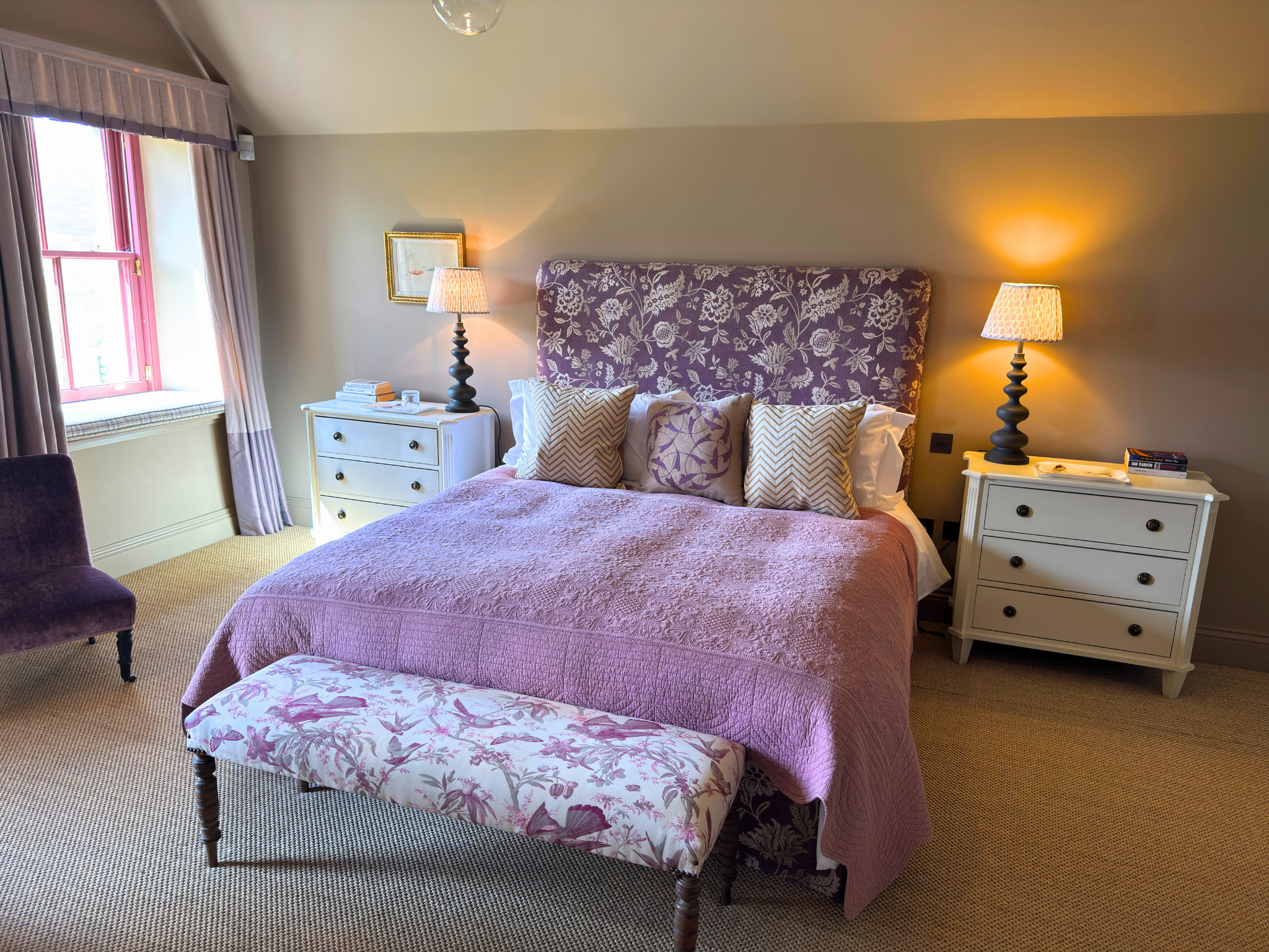 A king-size bedroom in Dalnaspidal Lodge (Ben Alder Estate).