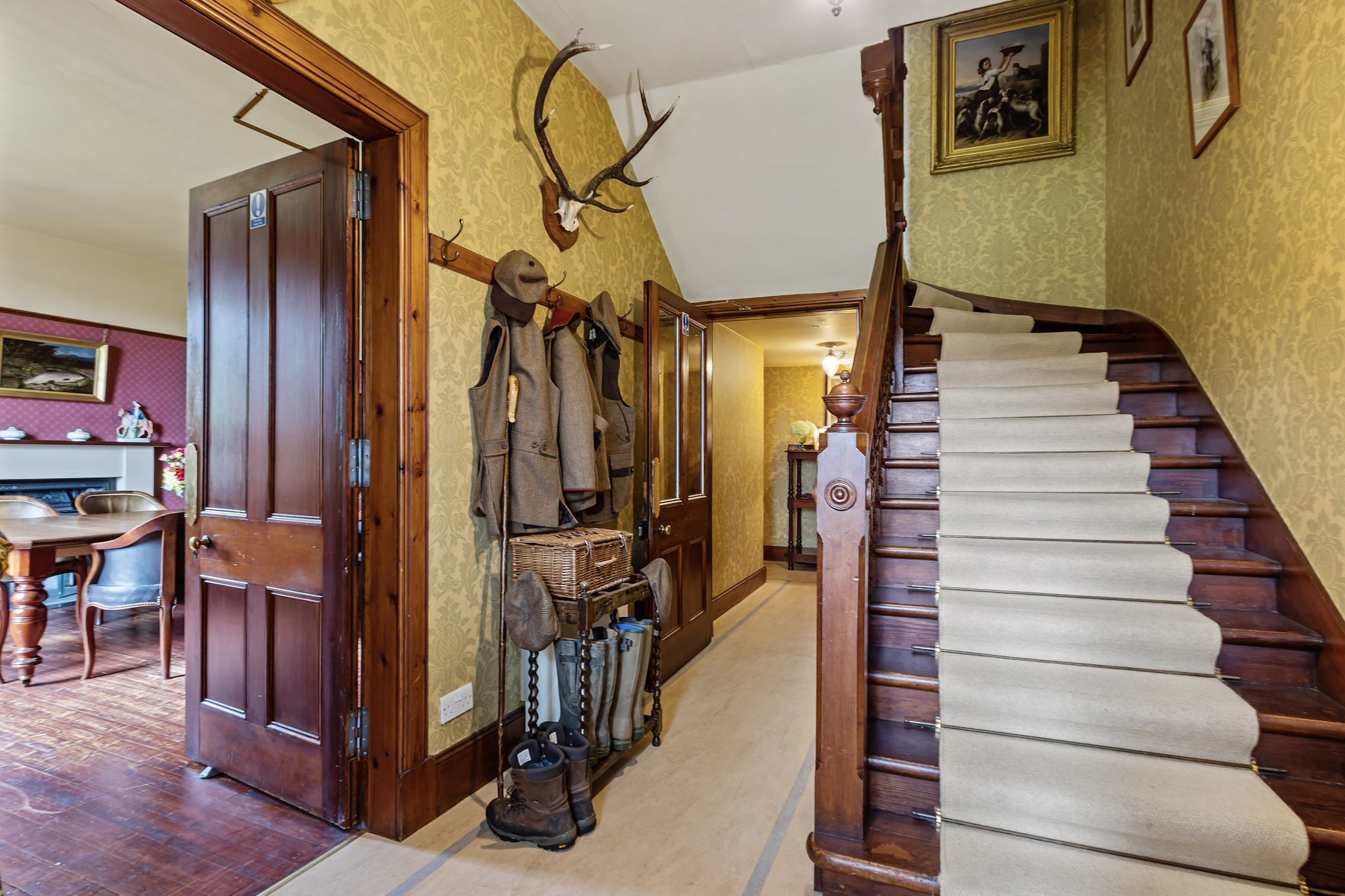 The entrance hall of Corrievarkie Lodge (Ben Alder Estate).
