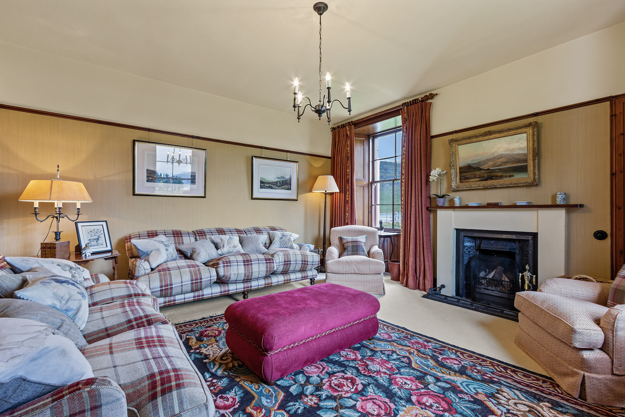 The main living room of Corrievarkie Lodge (Ben Alder Estate).