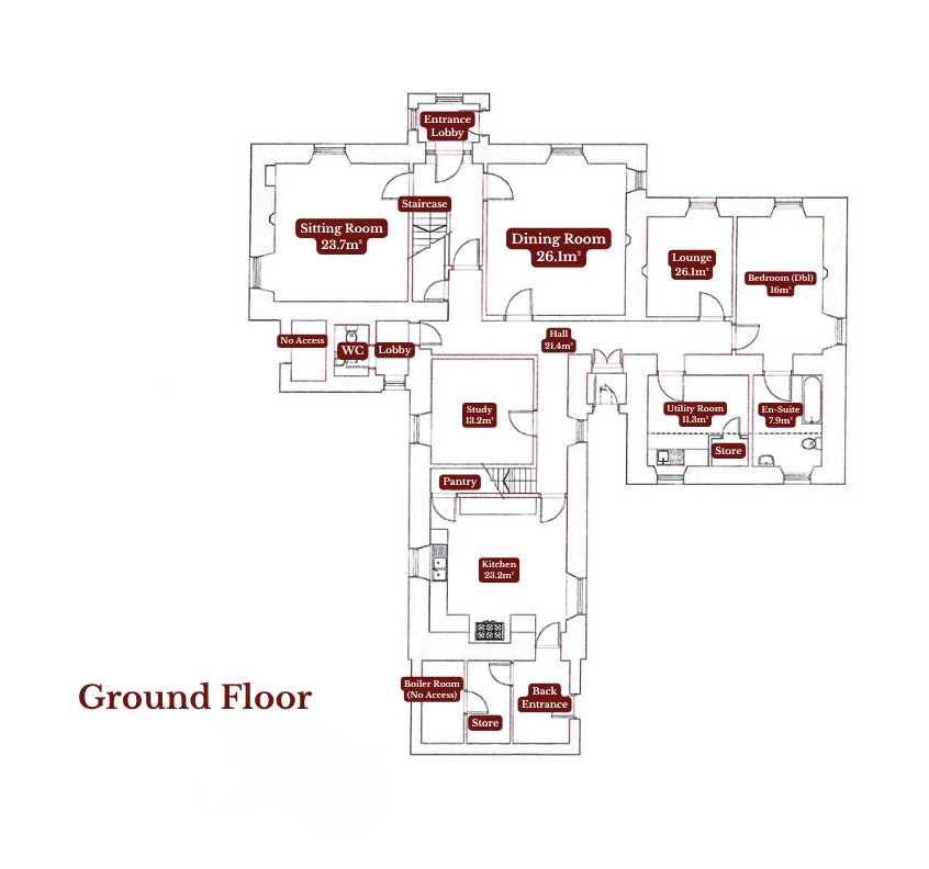 A Floor plan of the ground floor of Corrievarkie Lodge (Ben Alder Estate).