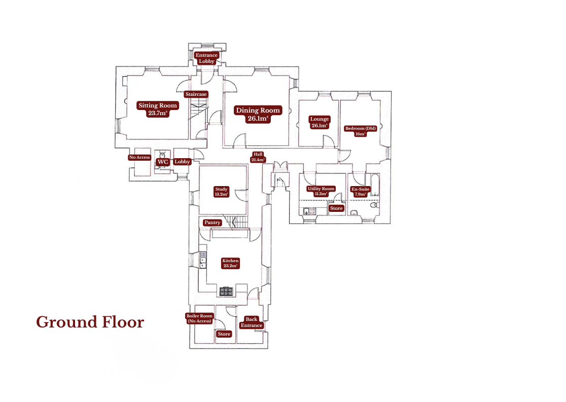 A Floor plan of the ground floor of Corrievarkie Lodge (Ben Alder Estate).
