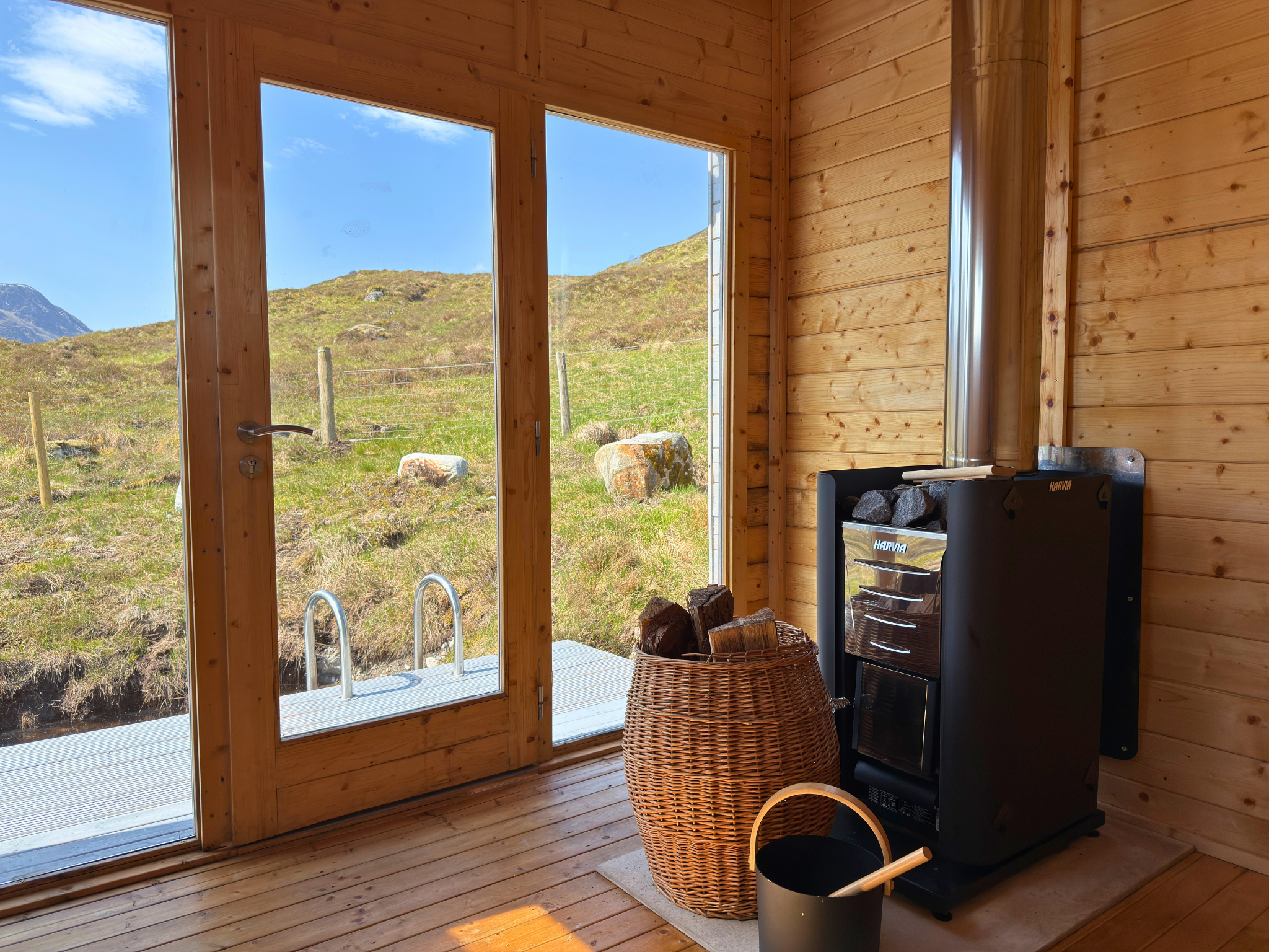 Inside the wood-fired sauna of Culra Lodge (Ben Alder Estate).
