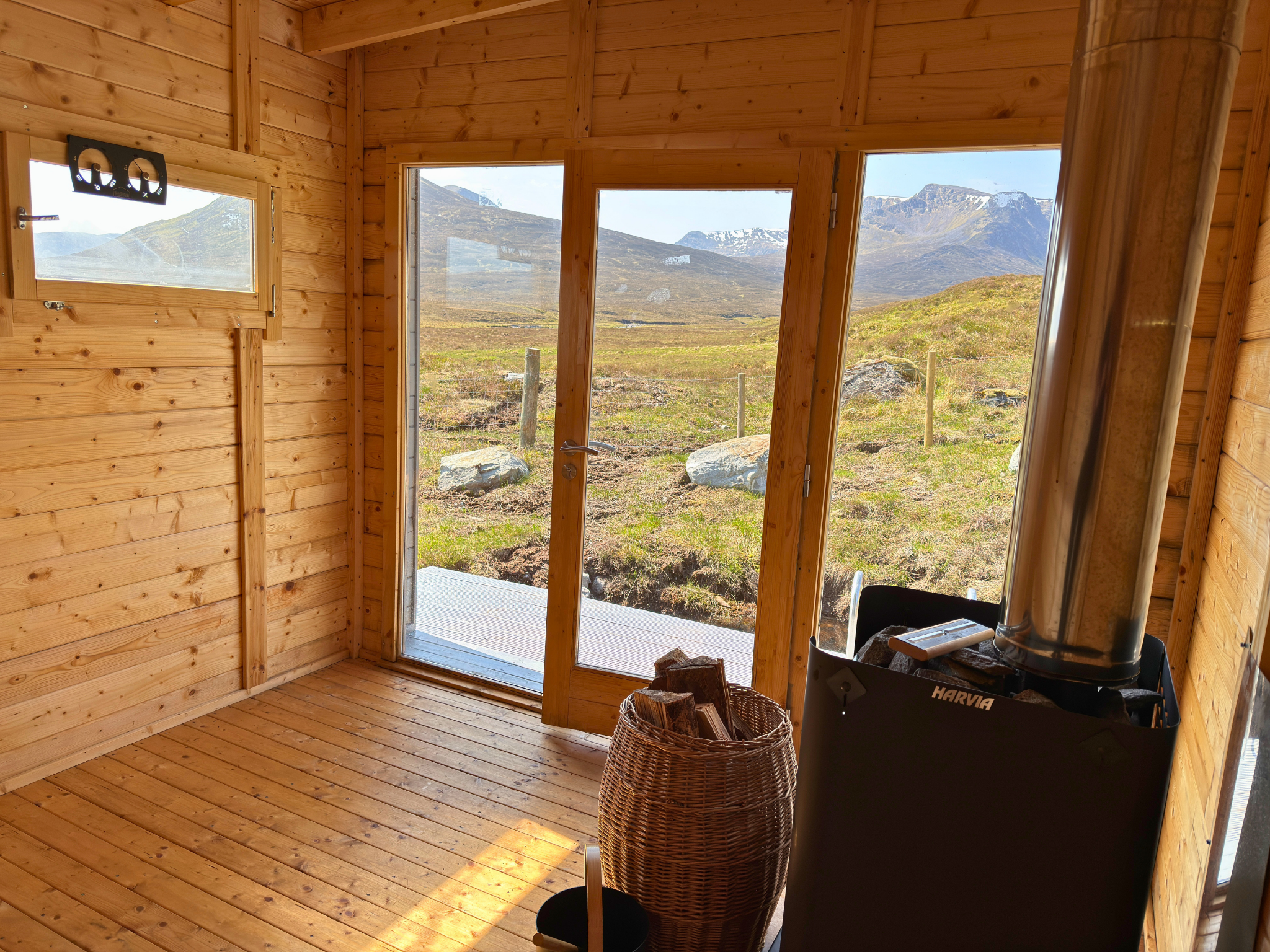 Inside the wood-fired sauna of Culra Lodge (Ben Alder Estate).