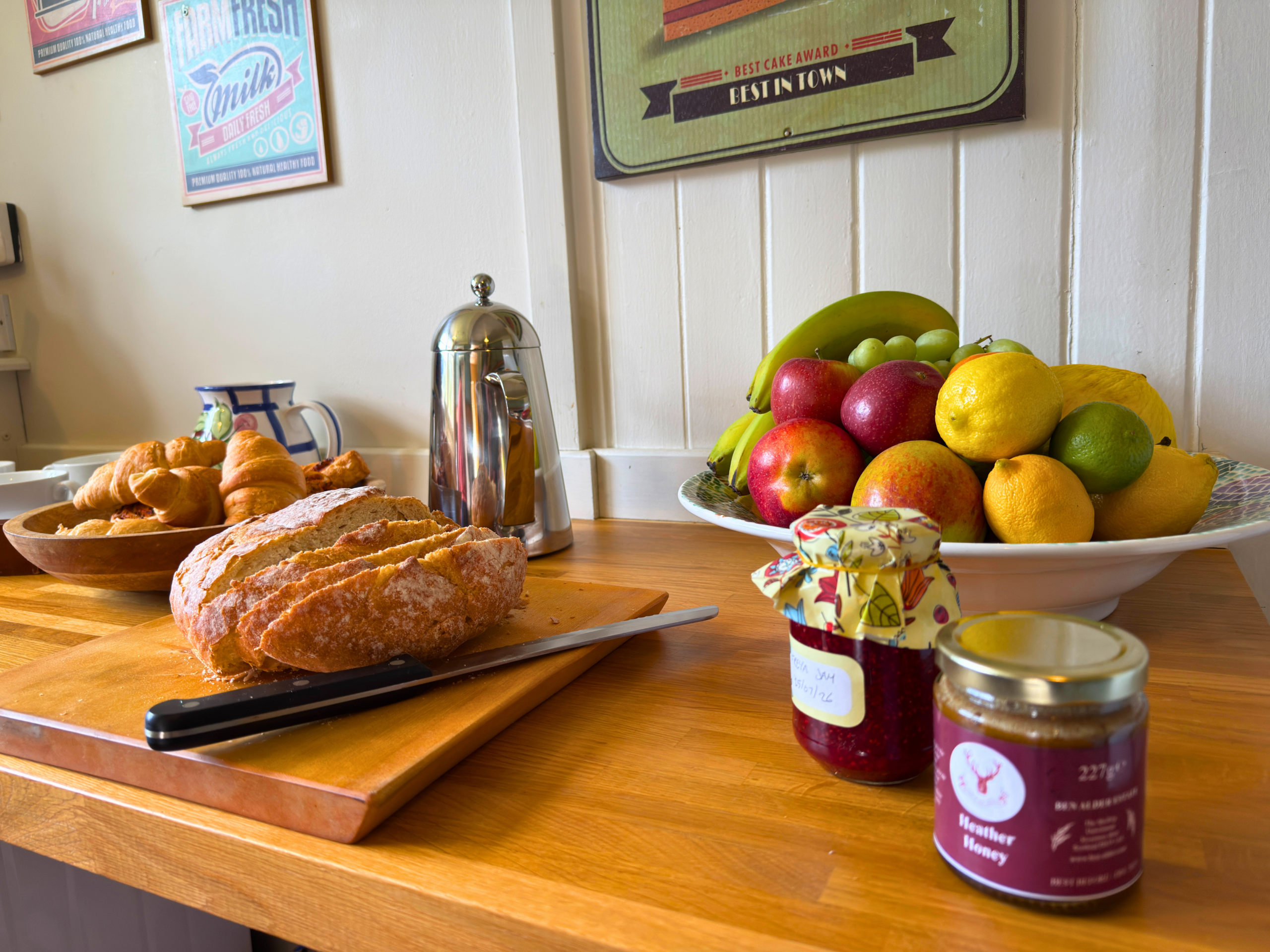 A selection of breakfast foods at Strathmashie Cottage (Ben Alder Estate).